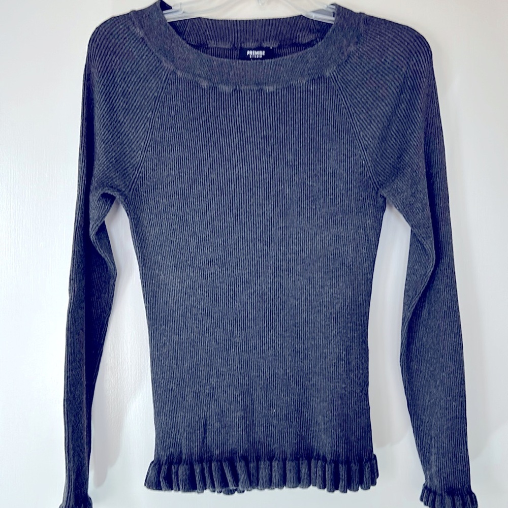 Premise Studio dark grey ribbed sweater with ruffled bottom and sleeves, size L